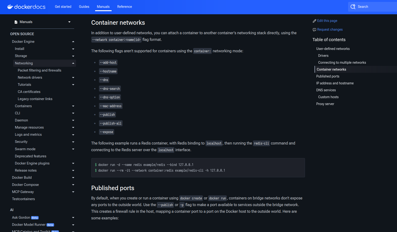 Table of contents on the ‘Docker documentation’ portal