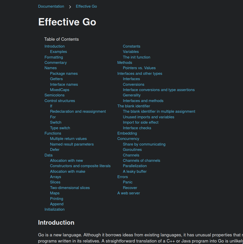 Table of contents on the ‘Effective Go’ article
